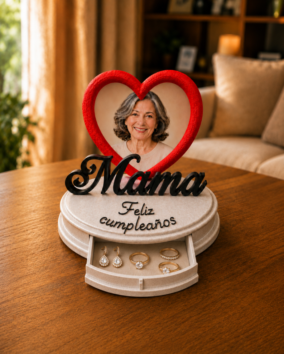 Marco con foto de una mujer y la frase "Mama, feliz cumpleaños" sobre un soporte decorativo.