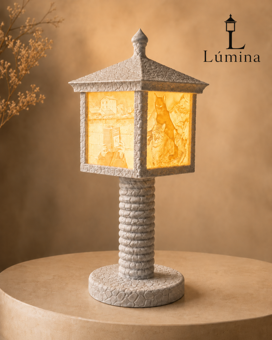 Lámpara de mesa de diseño elegante con luz cálida y pantalla decorativa.
